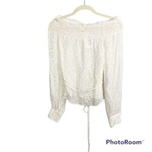 L’AGENCE white sheer and velvet cheetah print long sleeve off shoulder blouse